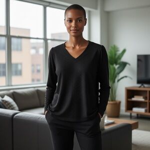 Liz Claiborne Black Knit V-Neck Blouse, Size L – Casual & Workwear Top for Women